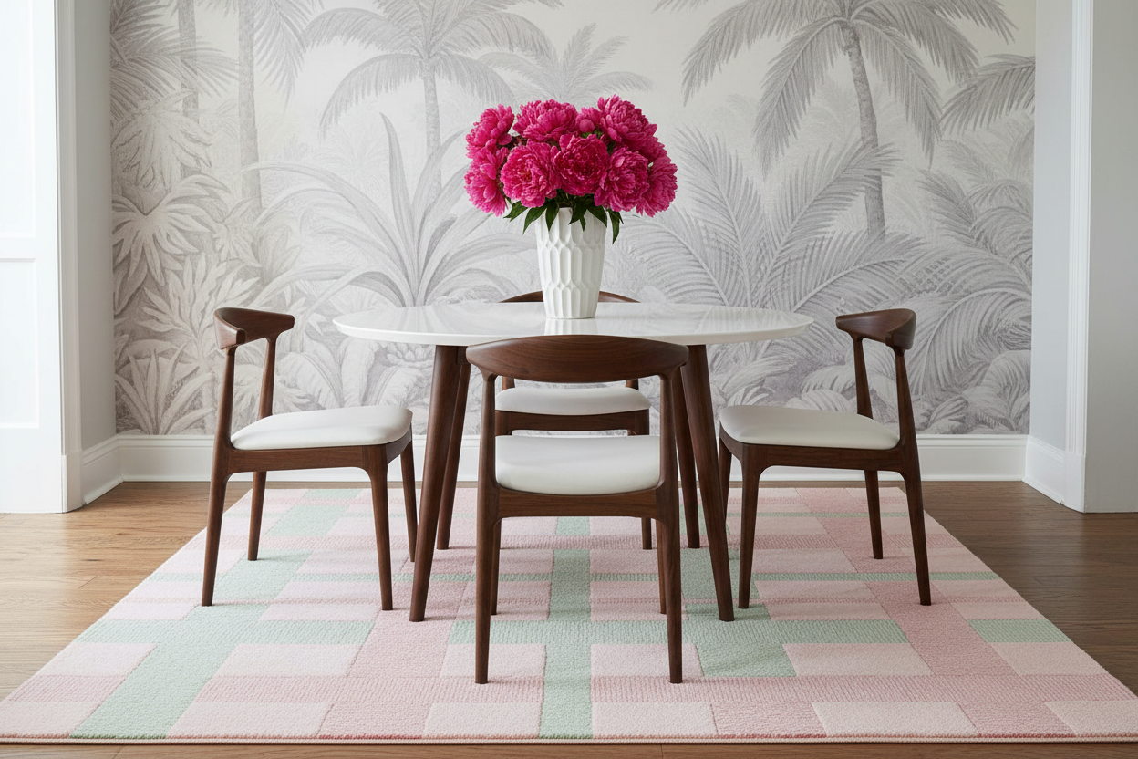Dining room with a round table and chairs, geometric pink rug, pink flowers in a vase, and leaf-patterned wallpaper.