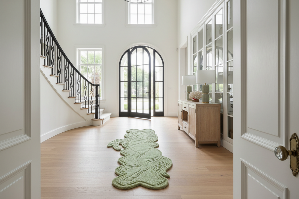 Green horse rug on a wooden floor in a bright, modern home interior with white walls and large windows.
