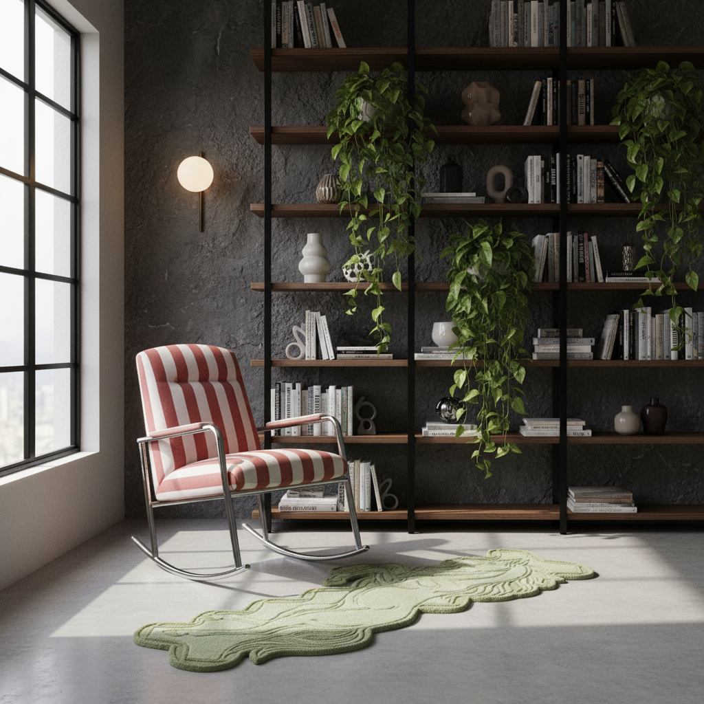 A styled interior scene with a red-and-white striped rocking chair beside a tall black bookshelf filled with books and hanging green plants. A pale green abstract rug lies on the floor near the chair, and a large window and wall sconce are visible.