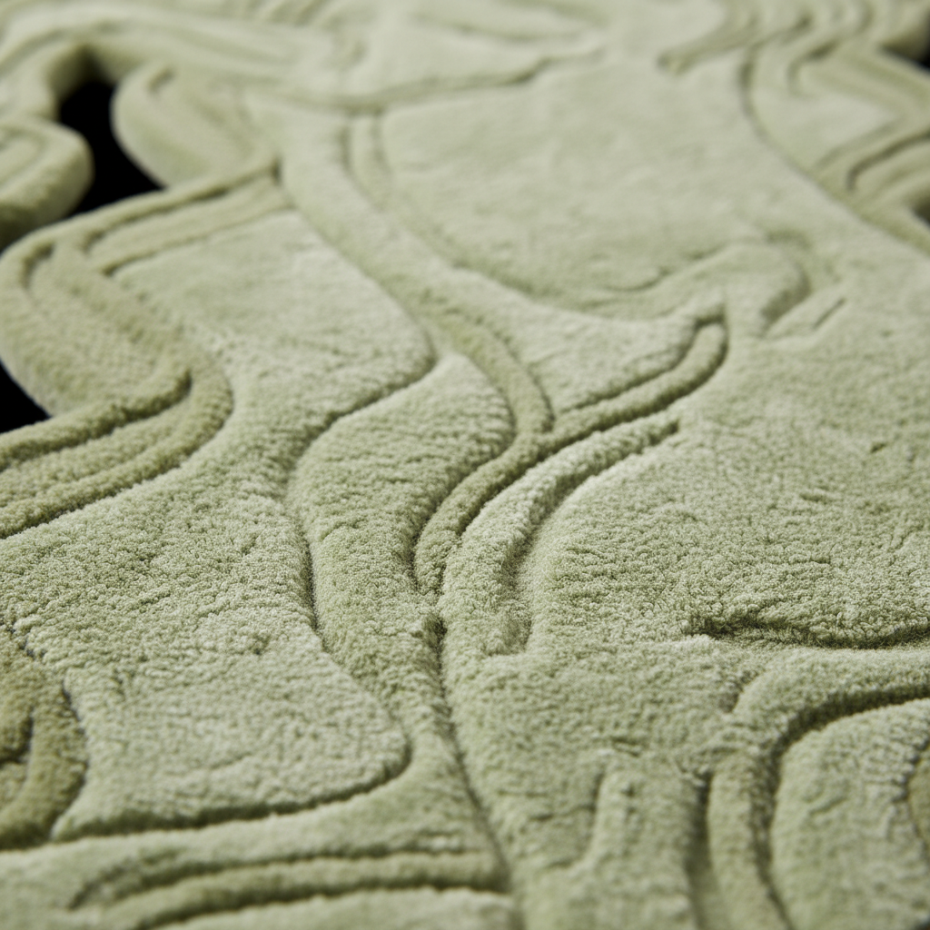 Close-up of a textured fabric surface in a muted sage green color, showing a wavy, embossed pattern and soft plush material.