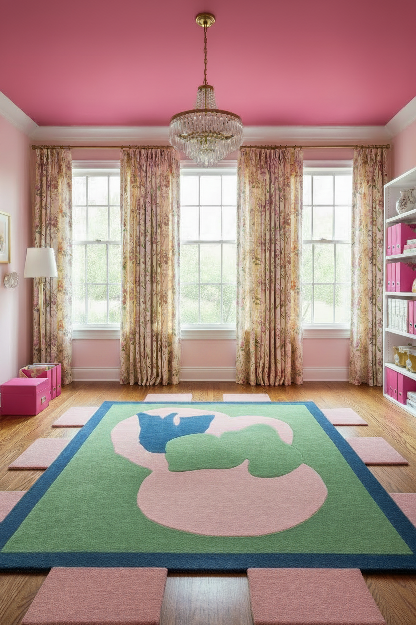 Pink room with a large rug featuring a extended sides, pink walls, and a chandelier.