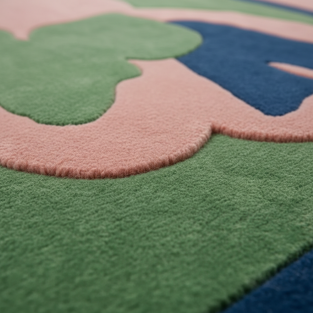 Close-up of a plush, high-pile area rug with a wavy, organic pattern in shades of green, dusty pink, and navy blue.