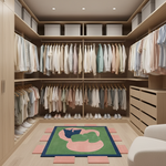 A beautifully organized walk-in closet with light wood cabinetry, shelves, and drawers. Hundreds of folded and hanging garments in soft neutral tones are neatly arranged, with white shoes displayed on the floor.