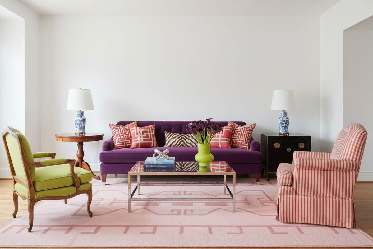 Living room with a purple sofa, green armchair, and pink chair.