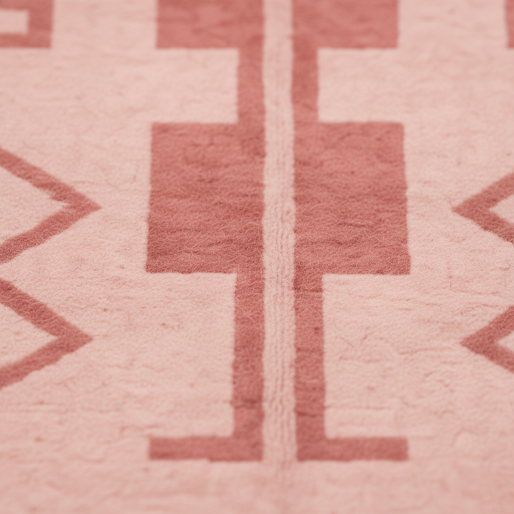 A close-up of a textured fabric or rug in a dusty pink color, featuring a geometric Southwestern-style pattern in a slightly darker terracotta pink.