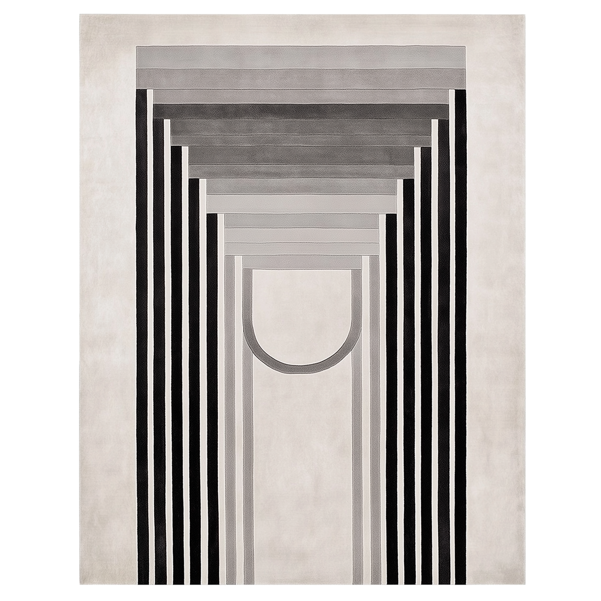 Abstract art rug with geometric shapes on a white background