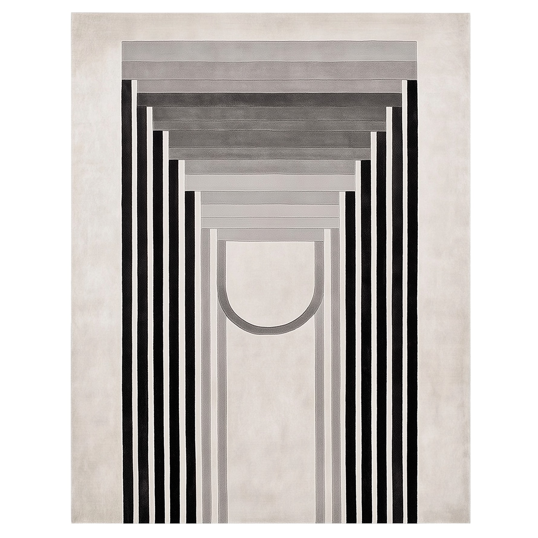 Abstract art rug with geometric shapes on a white background