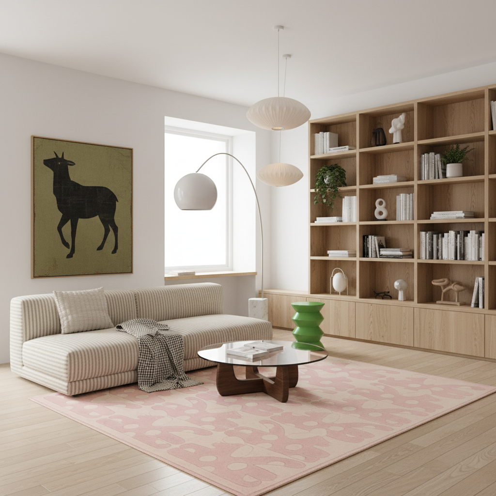 A modern living room with a cream striped sectional sofa, a pink patterned area rug, a round wooden coffee table, a large built-in wooden bookshelf, and a framed deer artwork on the wall.