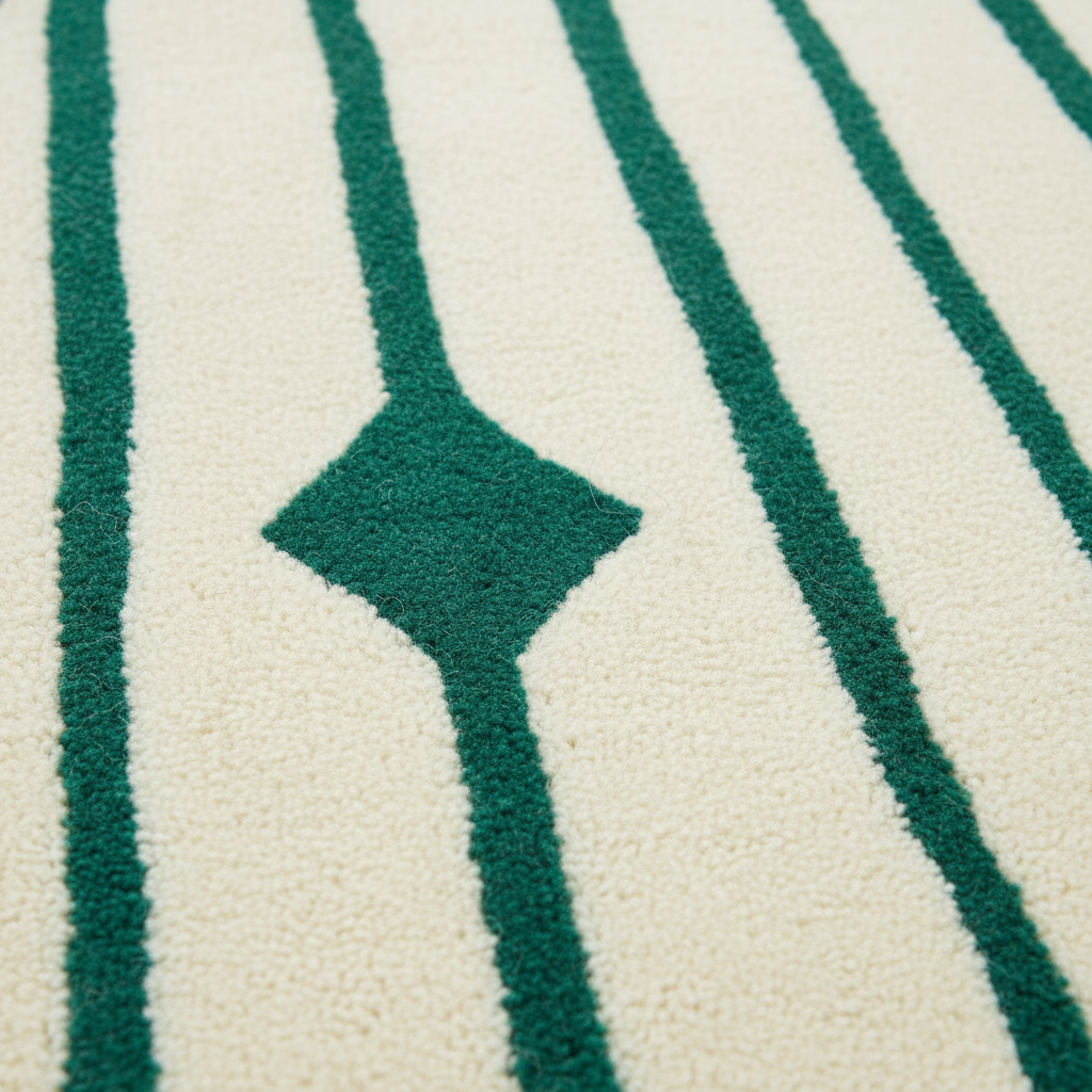 Close-up of a textured rug with a cream background, dark green vertical stripes, and a central diamond motif.