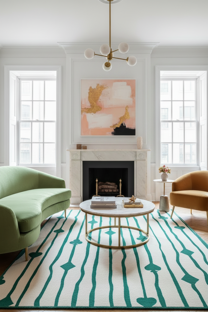 Living room with green sofa, beige armchair, and round coffee table on a patterned green rug.