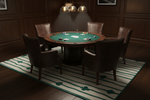 Poker table with chairs in a dimly lit room with  rug, and wooden walls.