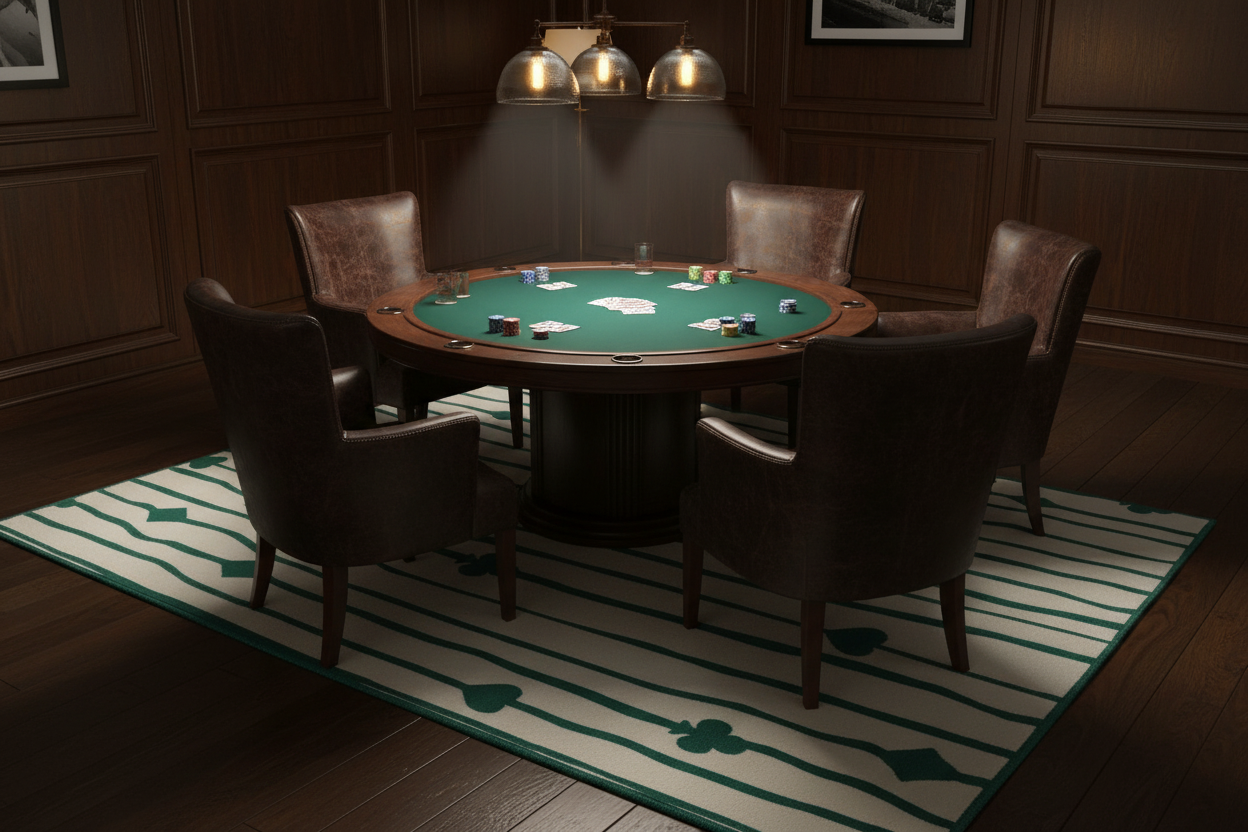 Poker table with chairs in a dimly lit room with  rug, and wooden walls.