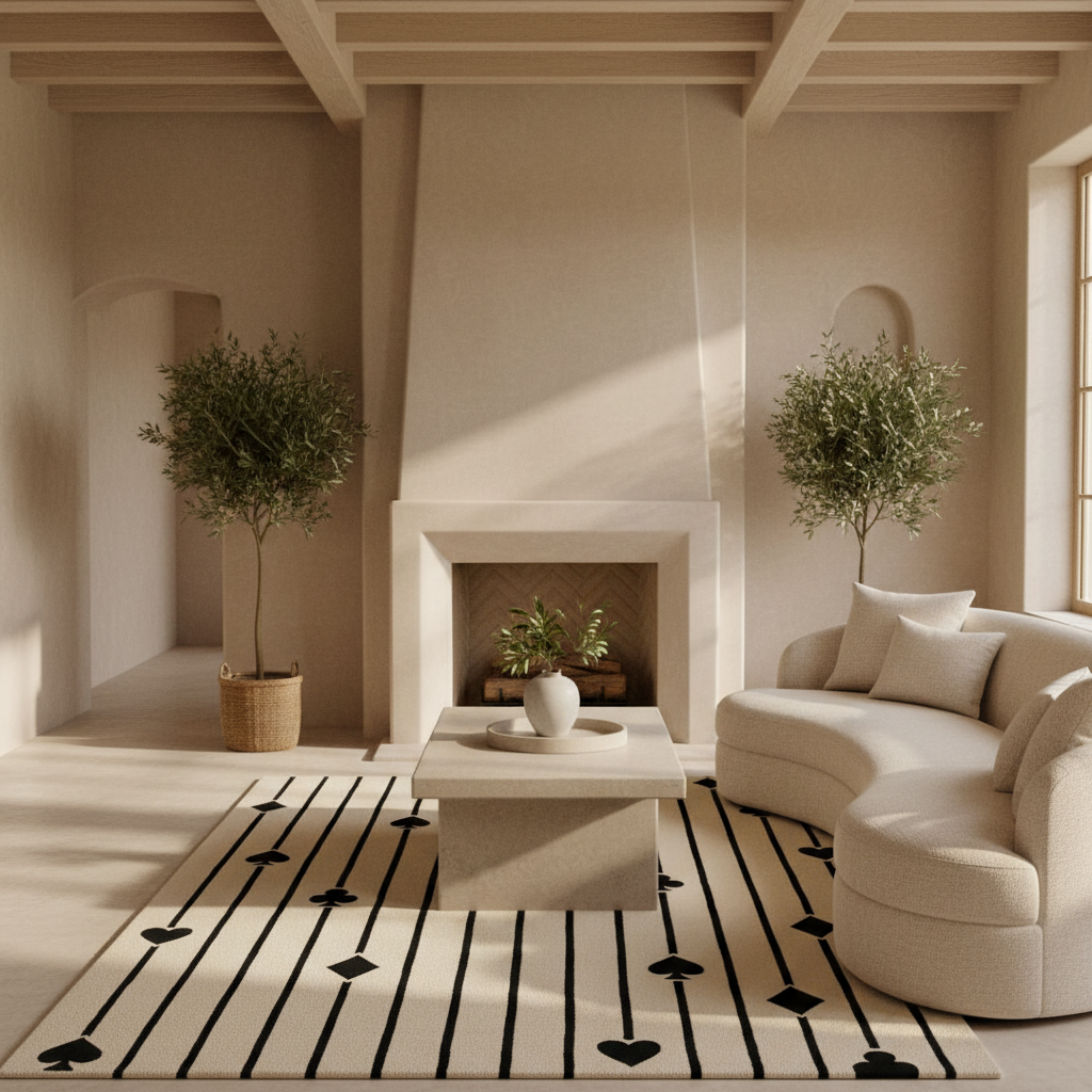 A modern, minimalist living room featuring a curved cream sofa, a low concrete coffee table, a cream rug with black geometric patterns, and a central fireplace. Two potted olive trees stand on either side of the fireplace.