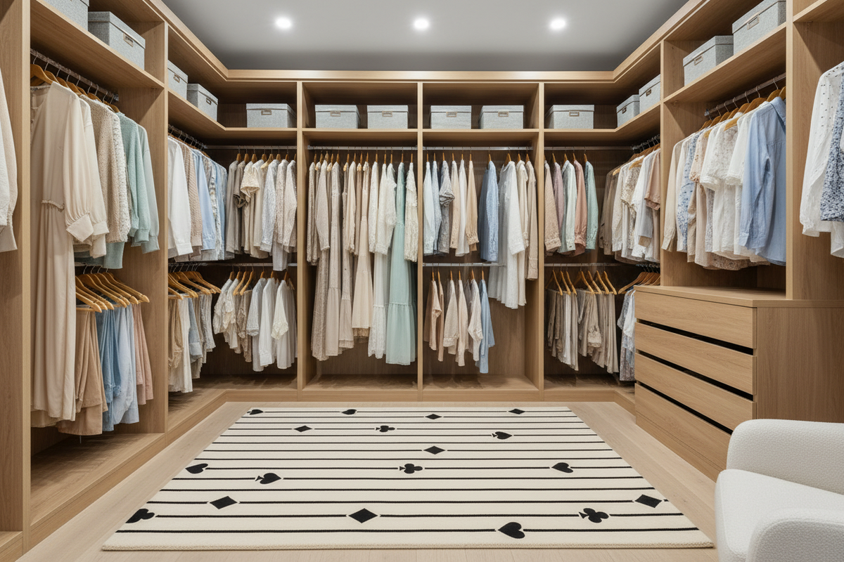 A spacious walk-in closet with light wood cabinetry, shelves, and hanging garments in soft neutral and pastel tones. A striped rug with black heart motifs lies on the floor, and part of a white chair is visible in the lower right corner.