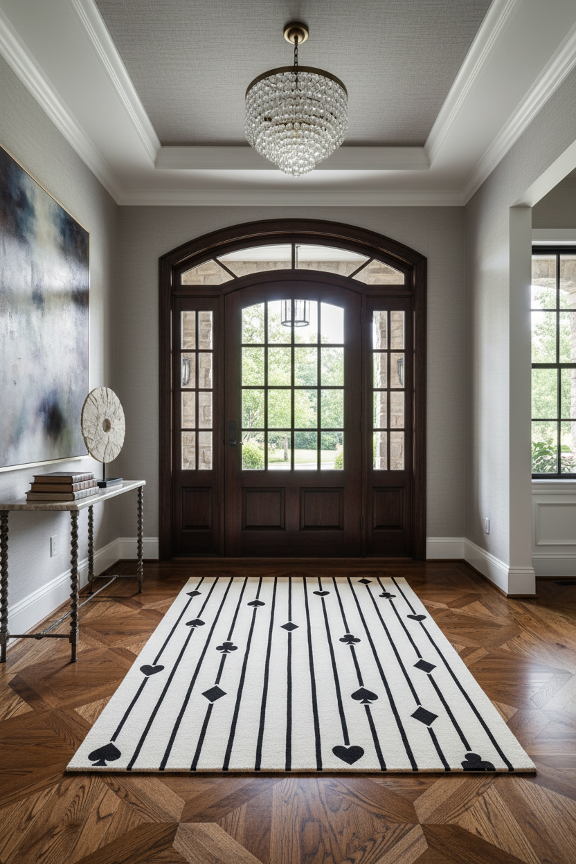 Foyer with a large wooden door, chandelier, and decorative rug.
