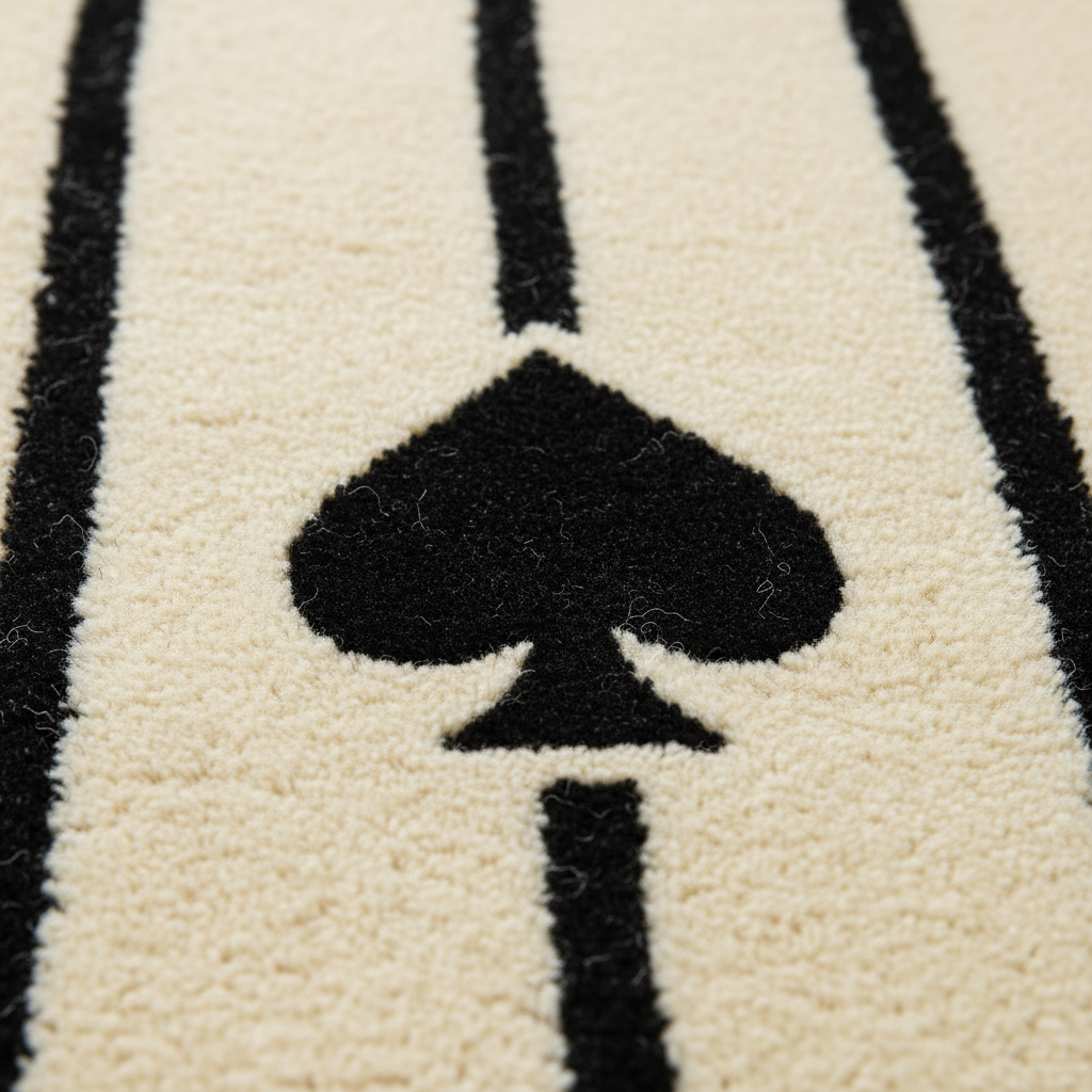 Close-up of a plush rug with a black spade symbol and vertical black stripes on a warm cream background.