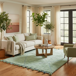 Living room with a white sofa, green rug, and wooden coffee table.