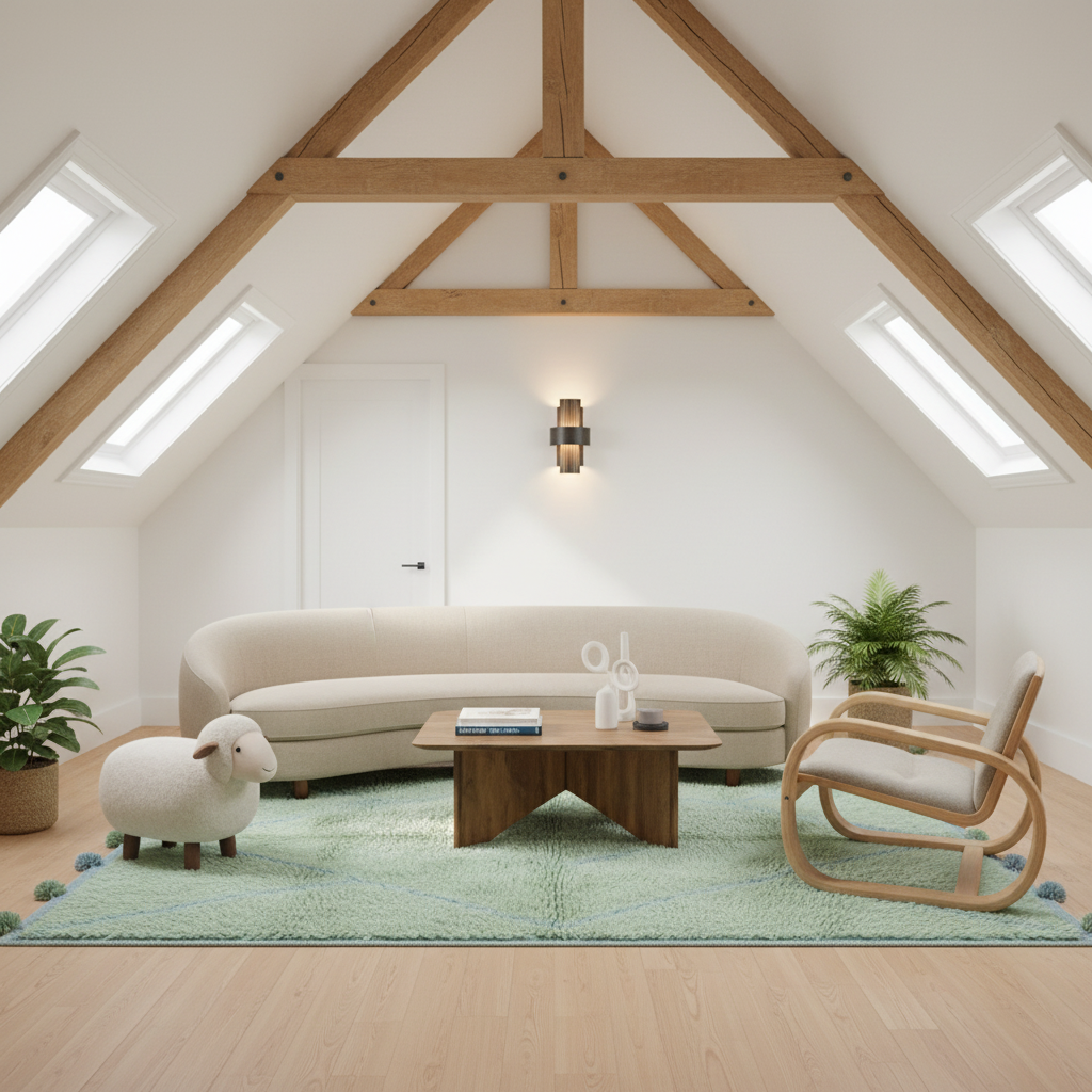 A beautifully styled modern living room with a curved cream sofa, a wooden coffee table, a light green rug, a wooden armchair, and a sheep-shaped stool, set under a vaulted ceiling with exposed wooden beams and skylights.