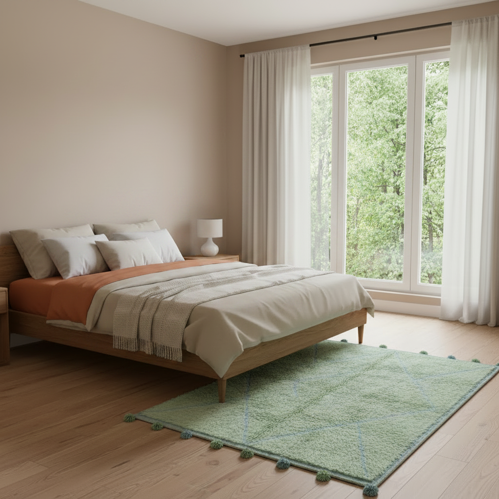 A styled bedroom interior with a wooden bed dressed in beige and orange bedding, a light green rug on a wood floor, and large windows with white curtains looking out to trees.