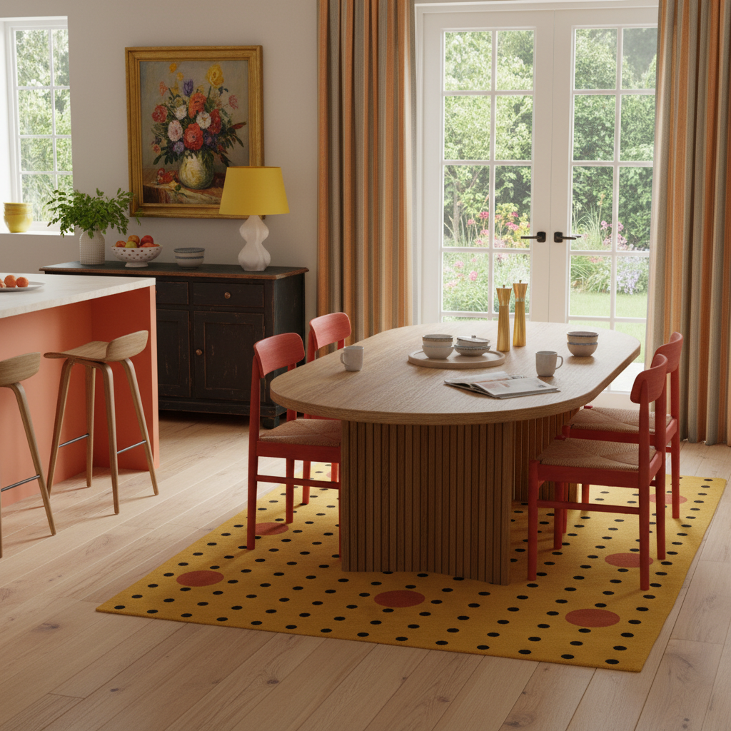 Dining room with a round wooden table, red chairs, and a yellow rug.