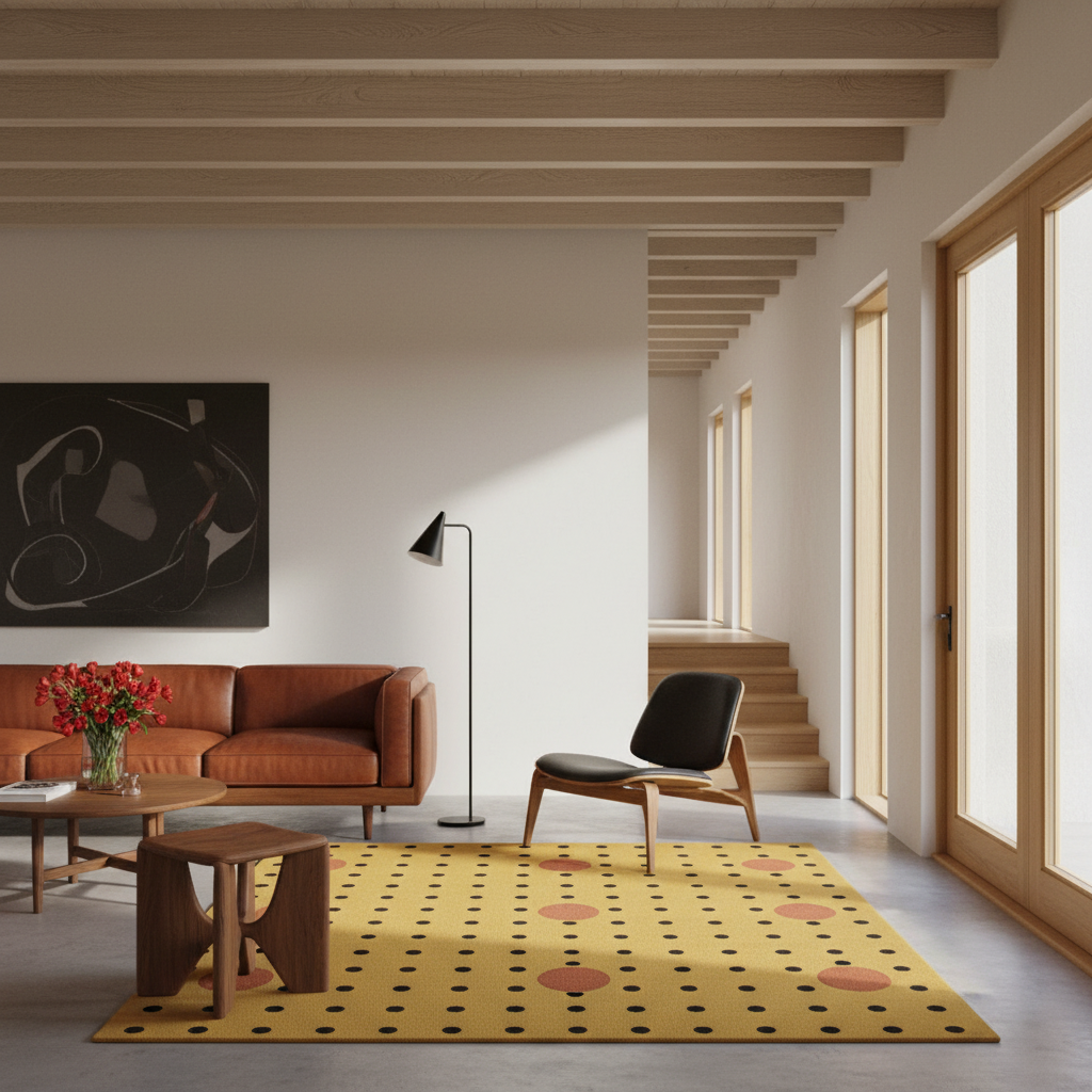 A yellow area rug with black polka dots and pink circles is styled in a modern, sunlit living room with a brown leather sofa, wooden ceiling beams, and a black accent chair.