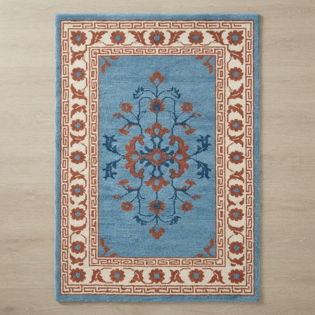 Porcelain Blue Blossom Hand Tufted Wool Rug - studio photo