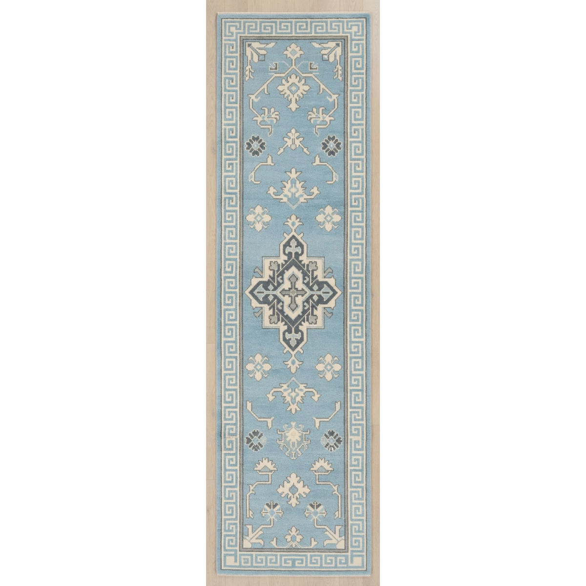 Powder Blue Fret Path Hand Tufted Runner Rug - studio photo