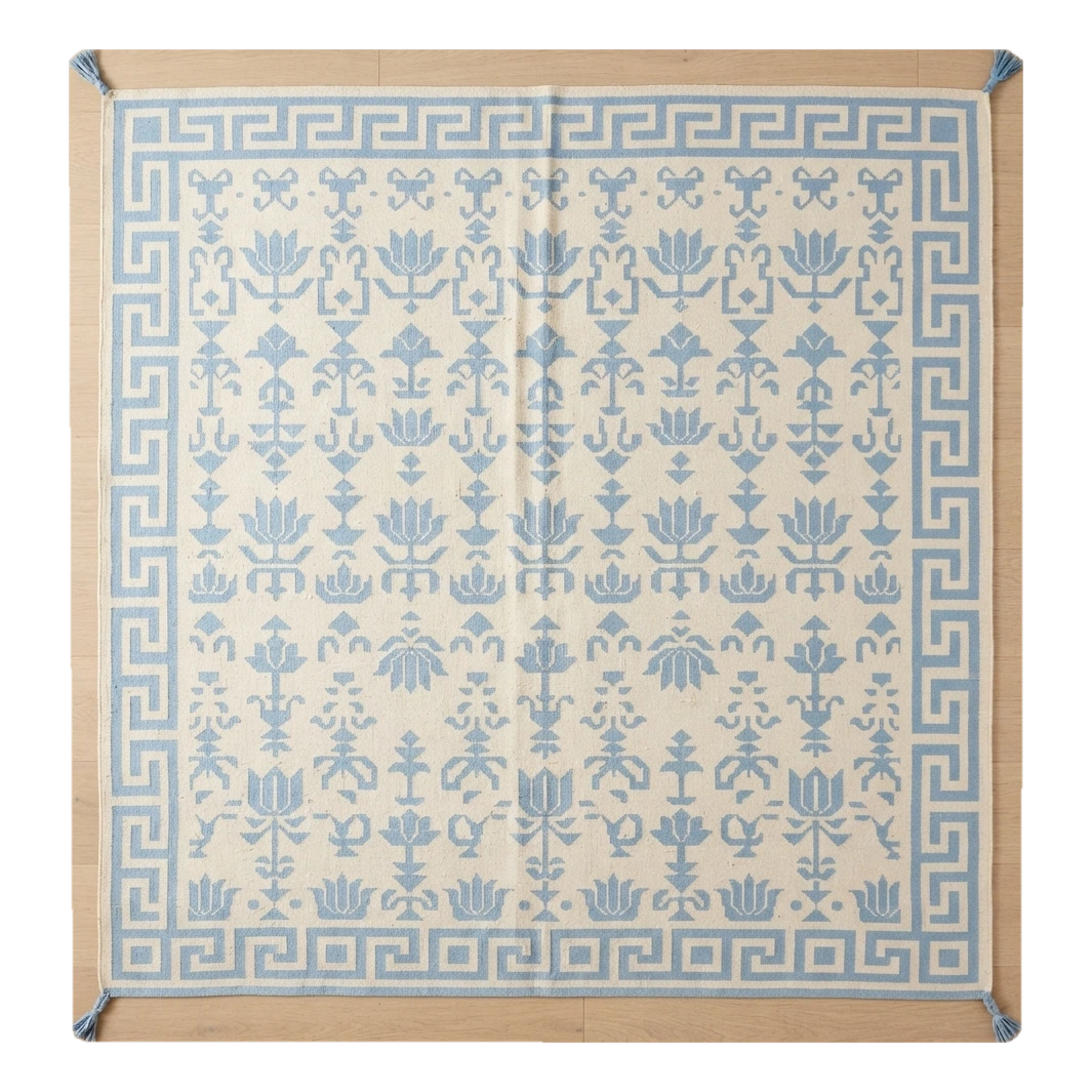 Powder Blue Lotus Grove Flatweave Cotton Dhurrie Rug