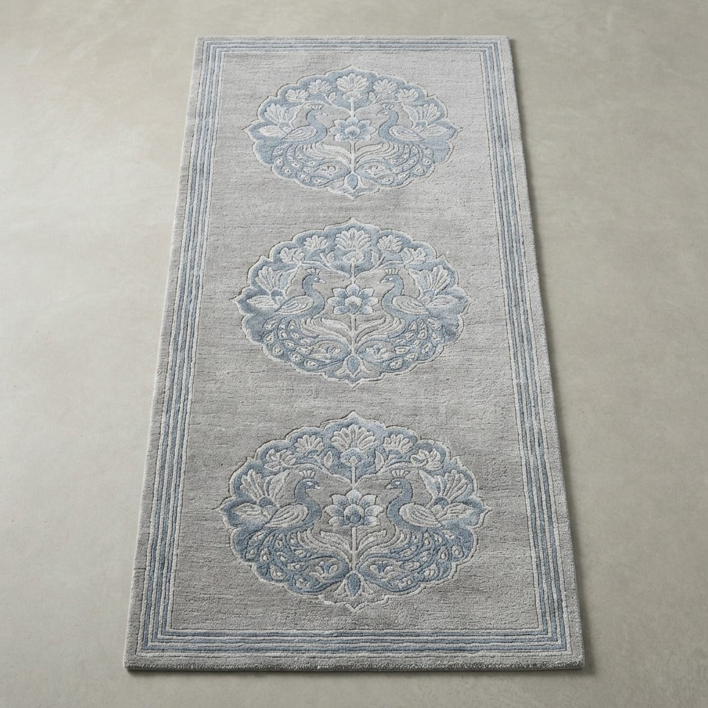 Powder Blue Peacock Rounds Hand Tufted Runner Rug - studio photo