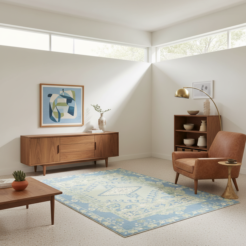 A styled mid-century modern living room featuring a light blue and cream patterned area rug, a wooden credenza, a brown leather armchair with a gold floor lamp, and a blue abstract framed print on the wall.