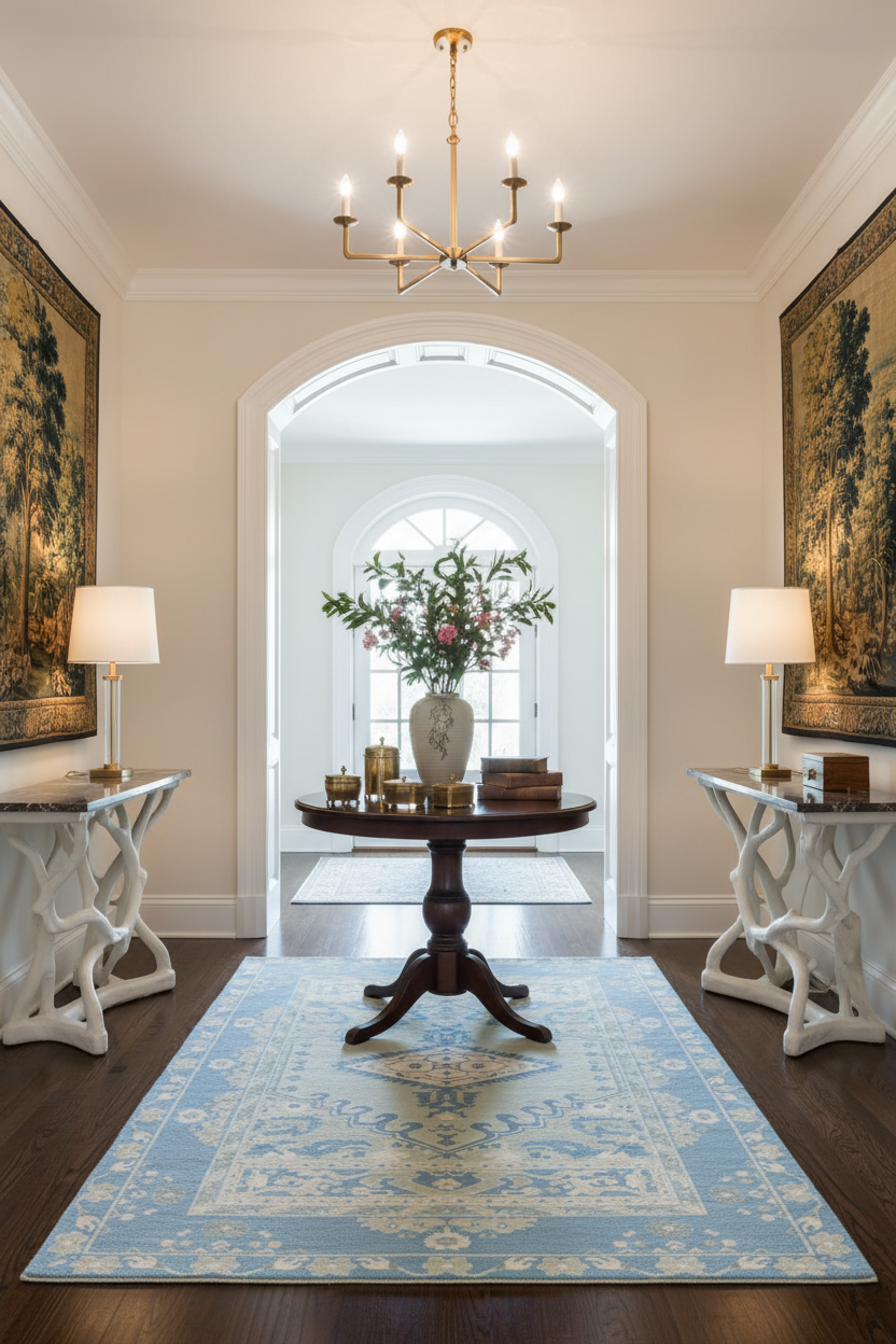 Elegant hallway with a chandelier, round table, and decorative blue rug.