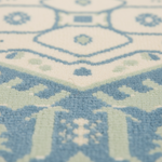 Close-up of a patterned rug with a cream base and blue and pale green geometric motifs.