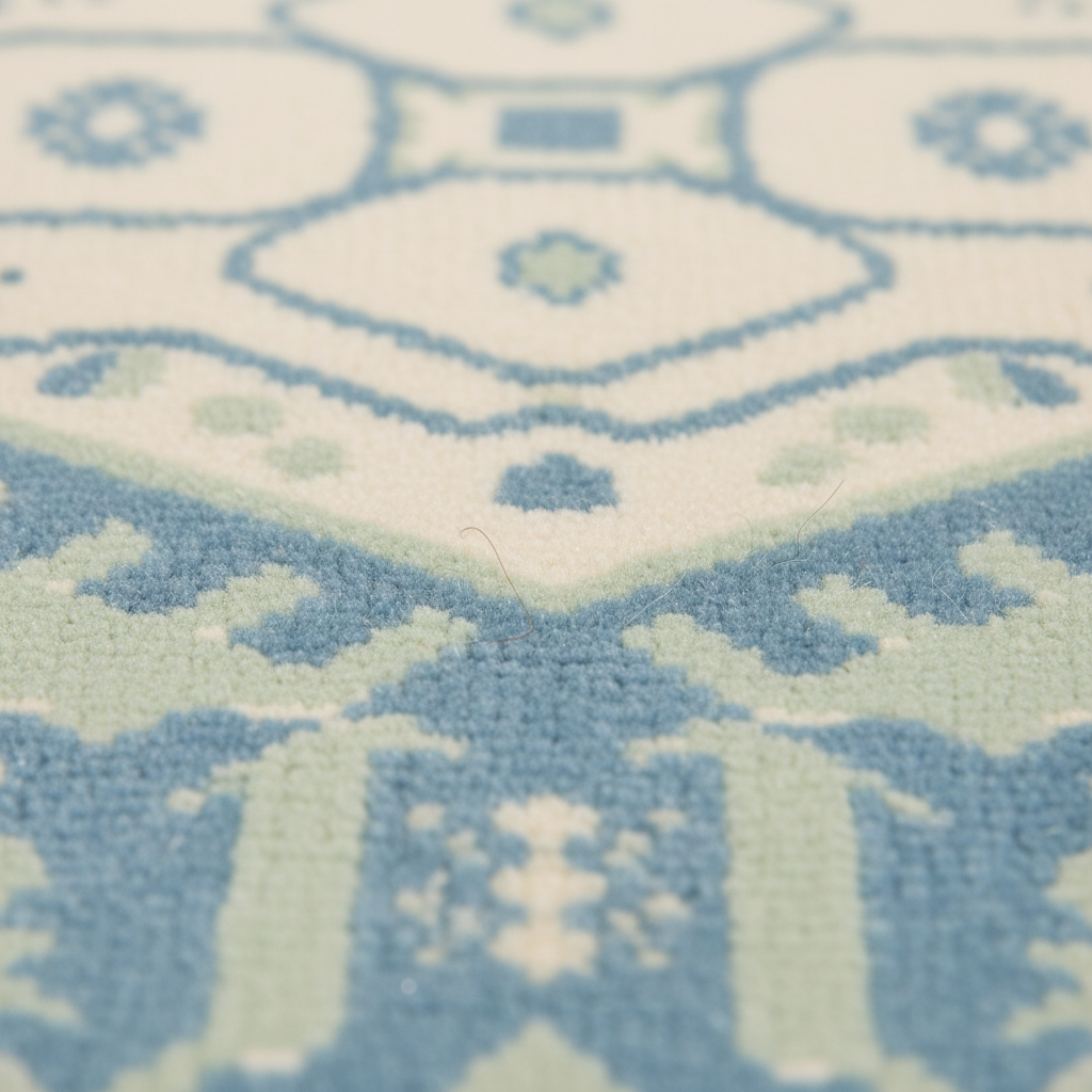 Close-up of a patterned rug with a cream base and blue and pale green geometric motifs.