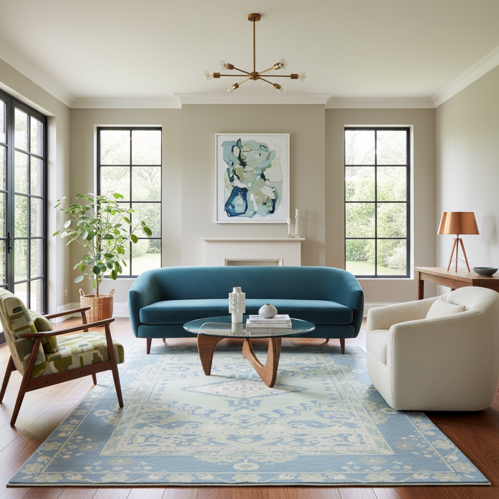 A styled living room featuring a teal blue velvet sofa as the central product, arranged on a light blue patterned area rug with a glass-top coffee table, a cream armchair, and a green-and-white patterned armchair.