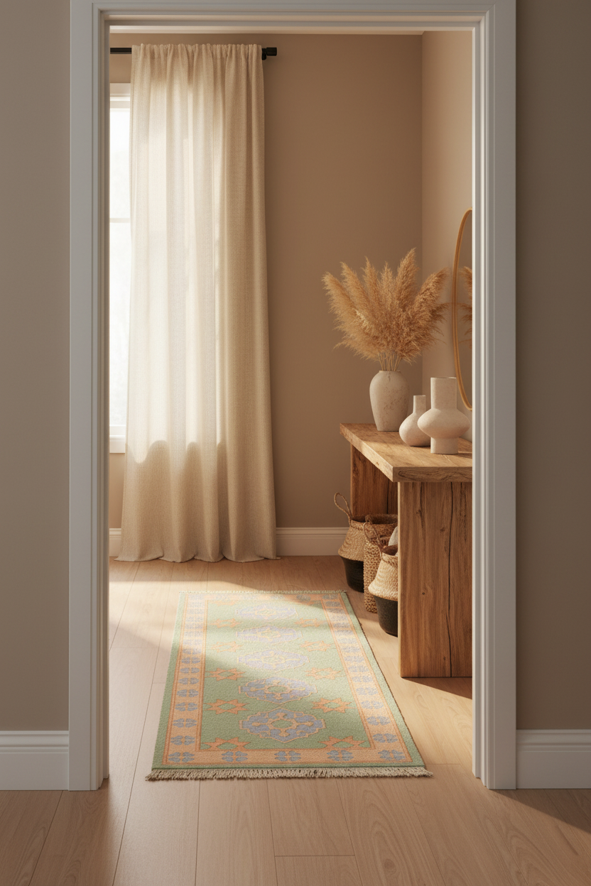 A long runner rug with a light green, beige, and orange floral pattern is styled on a light wood floor in a doorway, leading to a sunlit room with cream curtains and a wooden console table.