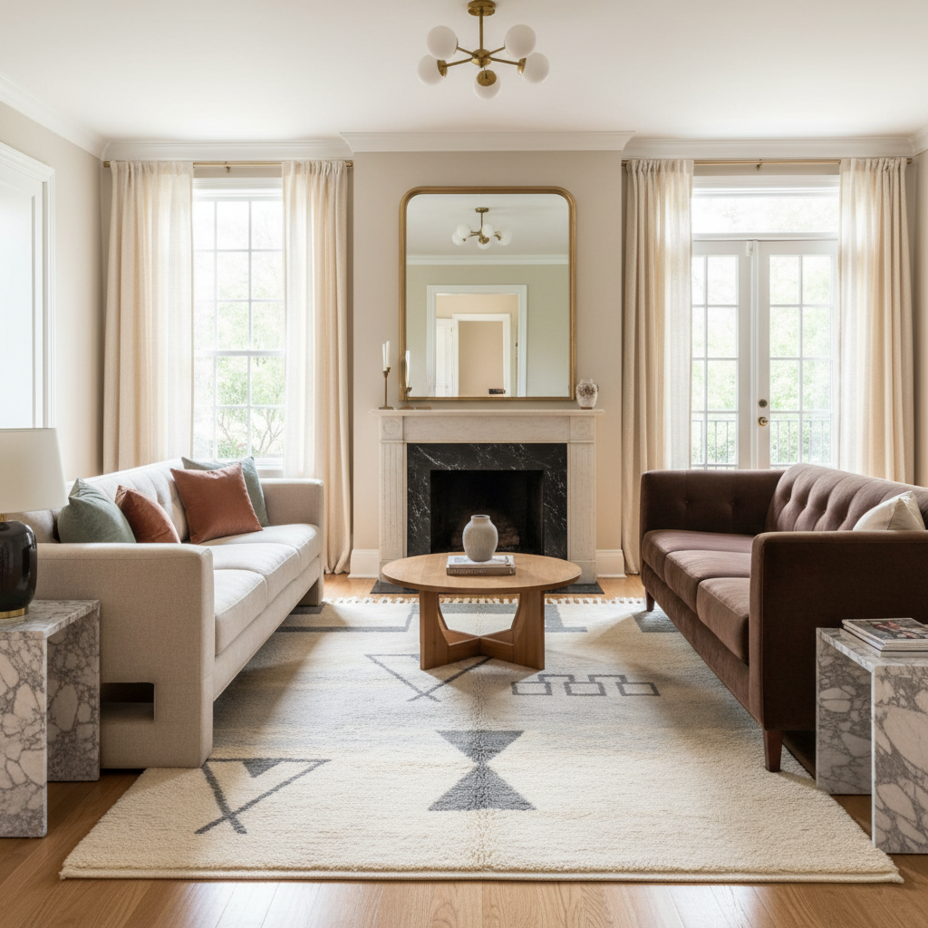 Living room with beige sofa, brown armchair, beige shaggy rug, coffee table, and decorative elements.