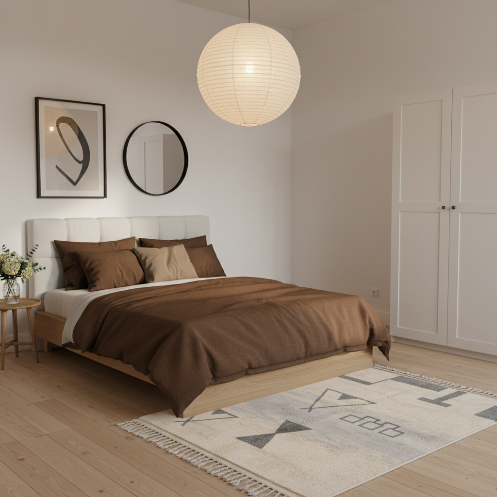 A modern bedroom interior featuring a bed dressed in brown bedding, a white paneled headboard, a white paper lantern pendant light, a white wardrobe, and a light wood floor with a geometric rug.