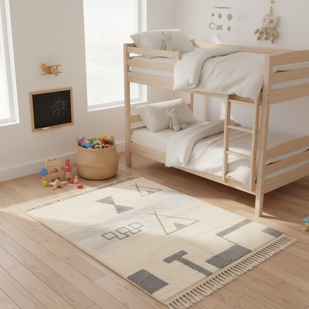 A light natural wood twin-over-twin bunk bed with white bedding in a bright children's bedroom, styled with a cream and gray patterned area rug on the wooden floor.