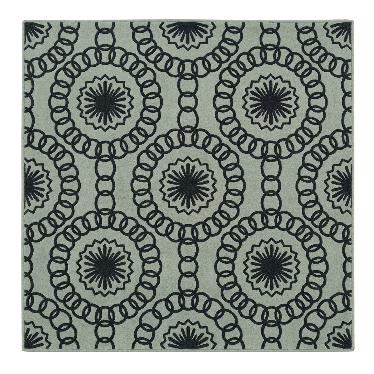 Decorative rug with black geometric pattern on a light gray background