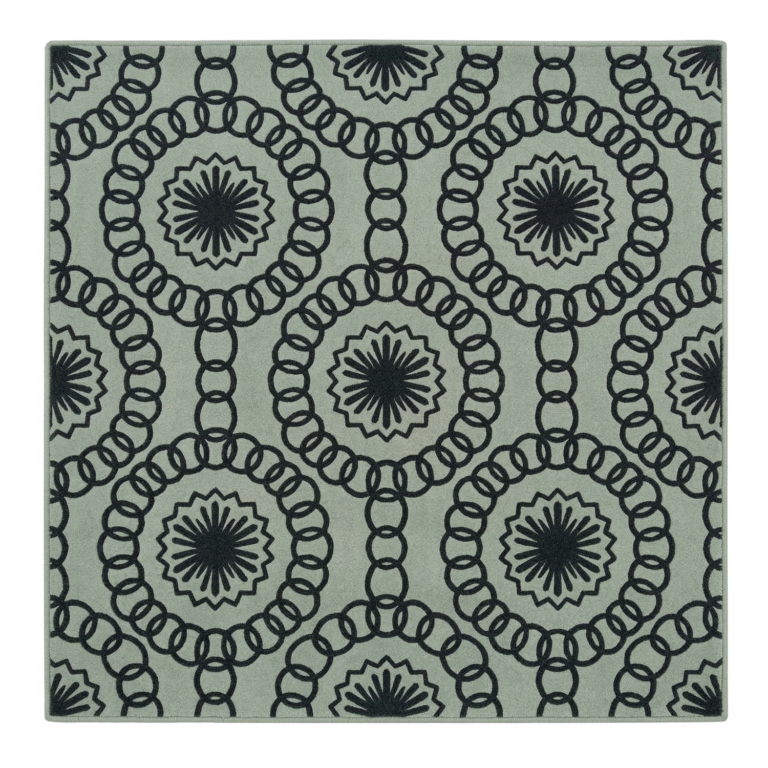 Decorative rug with black geometric pattern on a light gray background