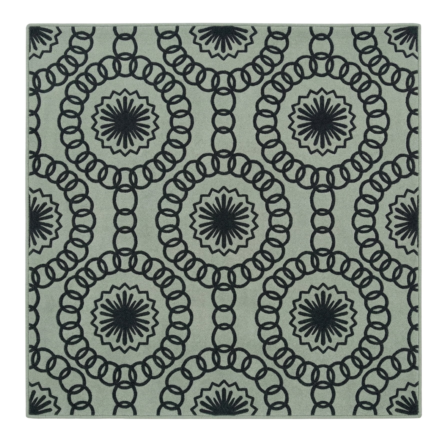 Decorative rug with black geometric pattern on a light gray background