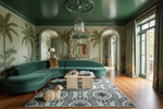 Luxurious living room with green rug, walls, a curved teal sofa, and decorative elements.