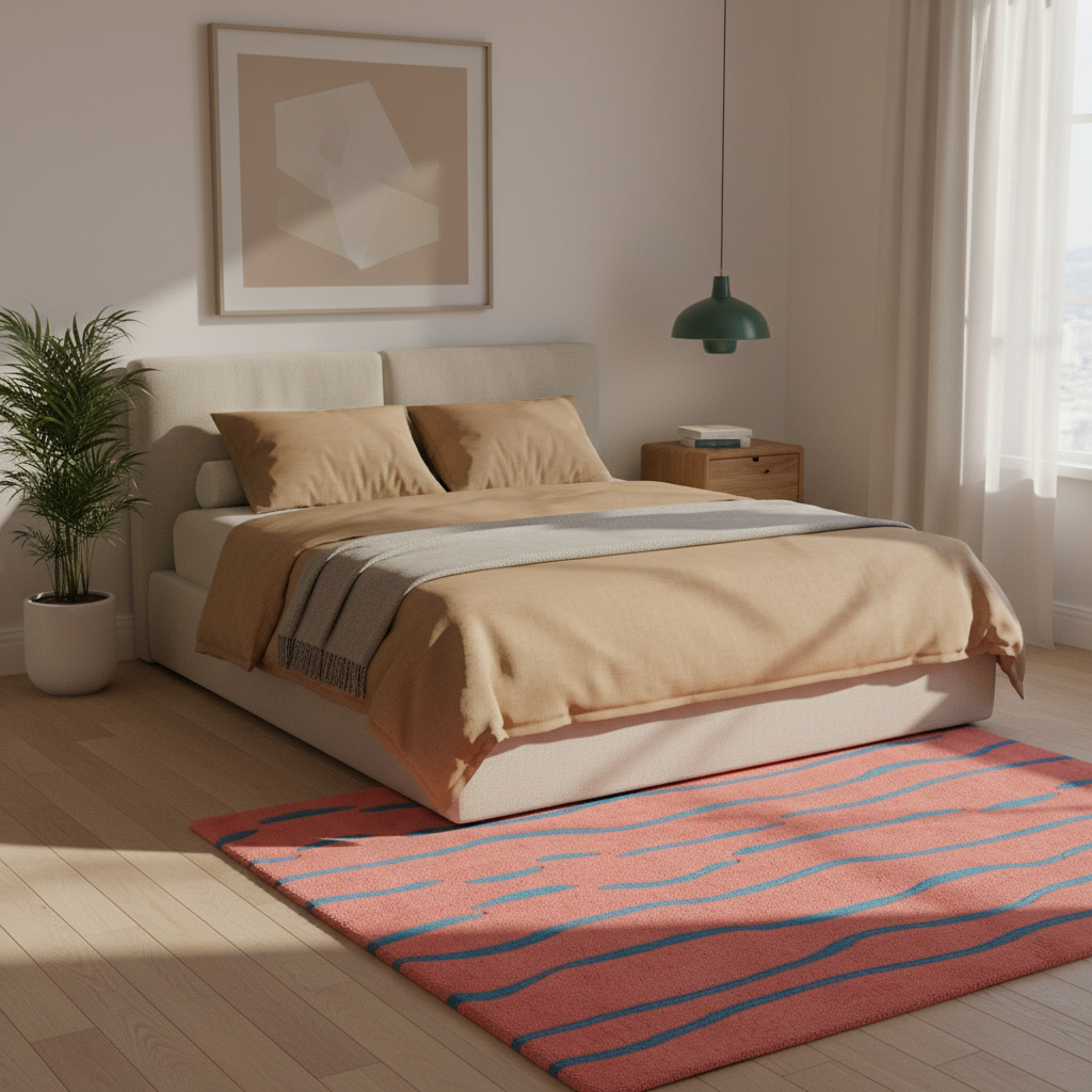 A modern bedroom scene featuring a low-profile platform bed dressed in beige and tan bedding, styled with a striped coral-red and blue area rug on a light wood floor.
