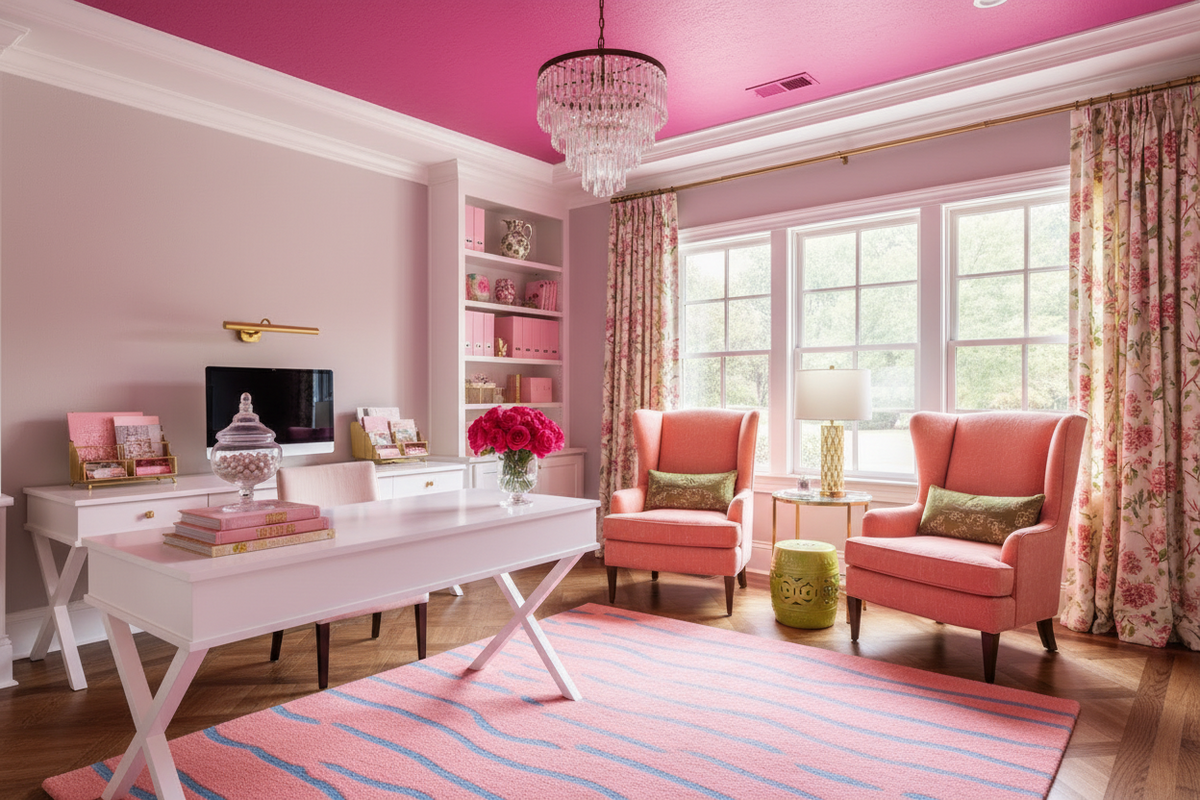 Pink-themed living room with furniture and decorative pink rug