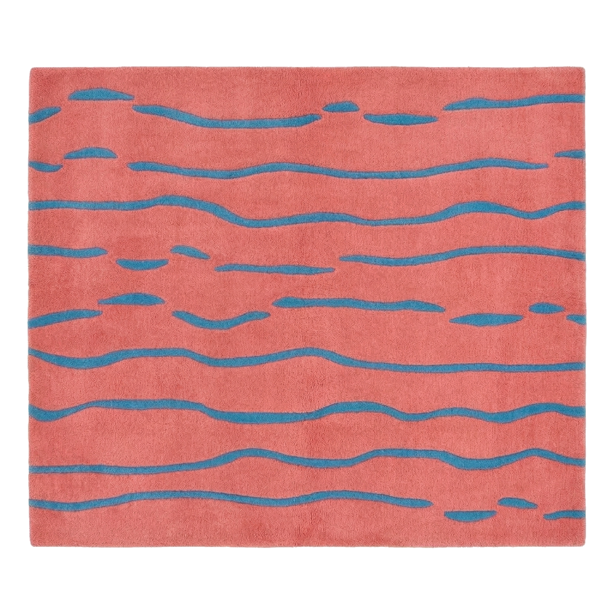 A square coral pink rug with a textured surface and horizontal wavy blue stripe pattern, shown flat against a white background.