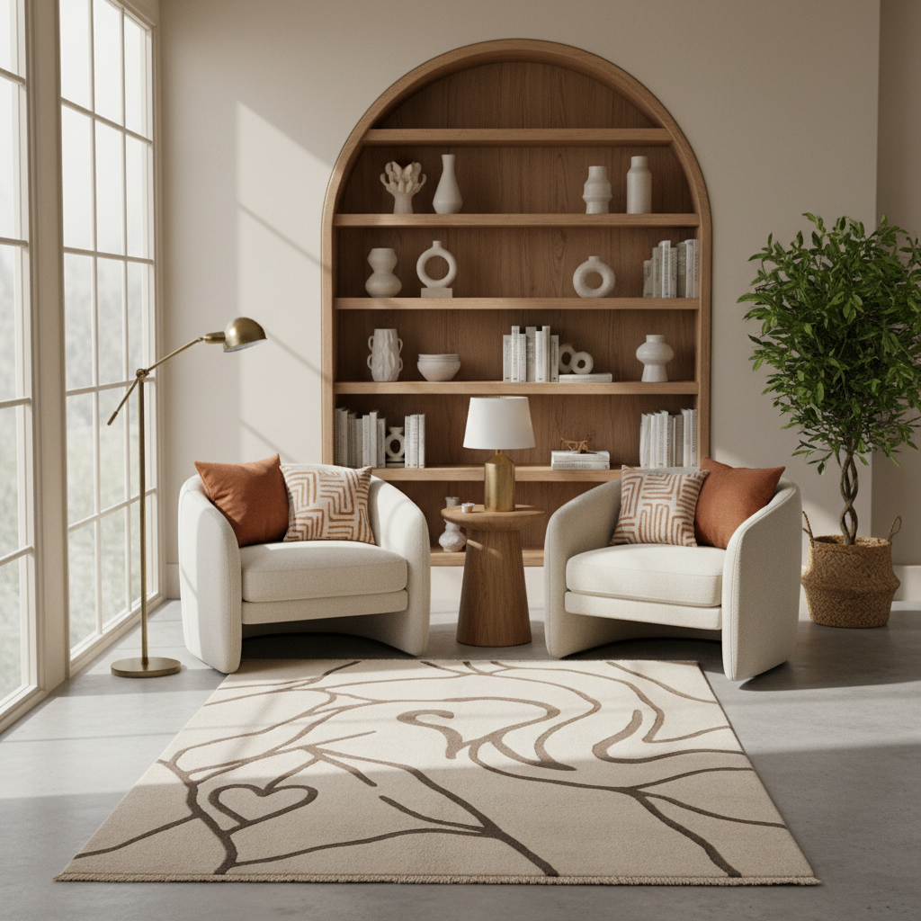 A styled interior scene with two cream armchairs, rust-orange pillows, a small wooden side table with a lamp, a large patterned area rug, a floor lamp, shelving, and a potted plant in a bright room.