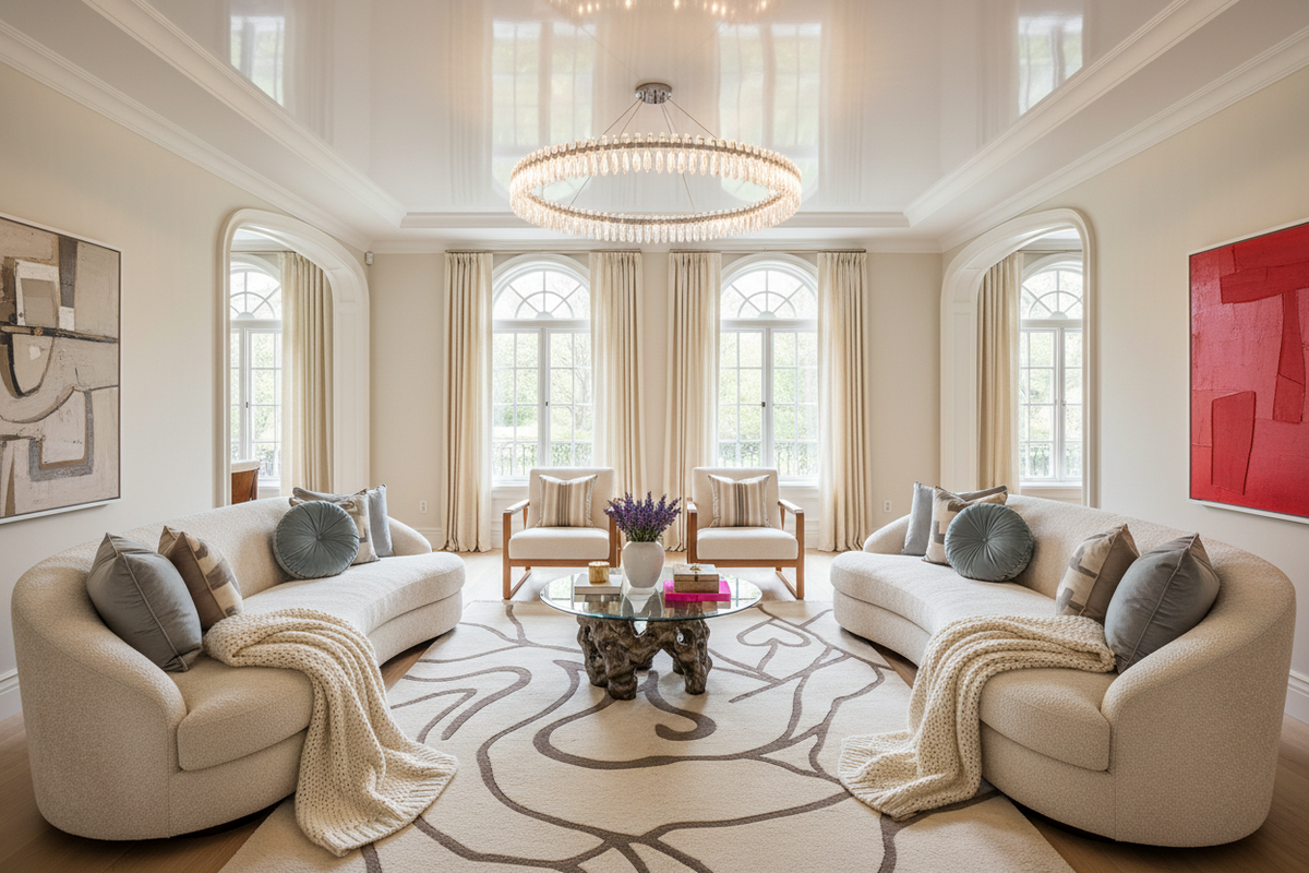 Luxurious living room with beige sofas, decorative rug, pillows, and a chandelier.
