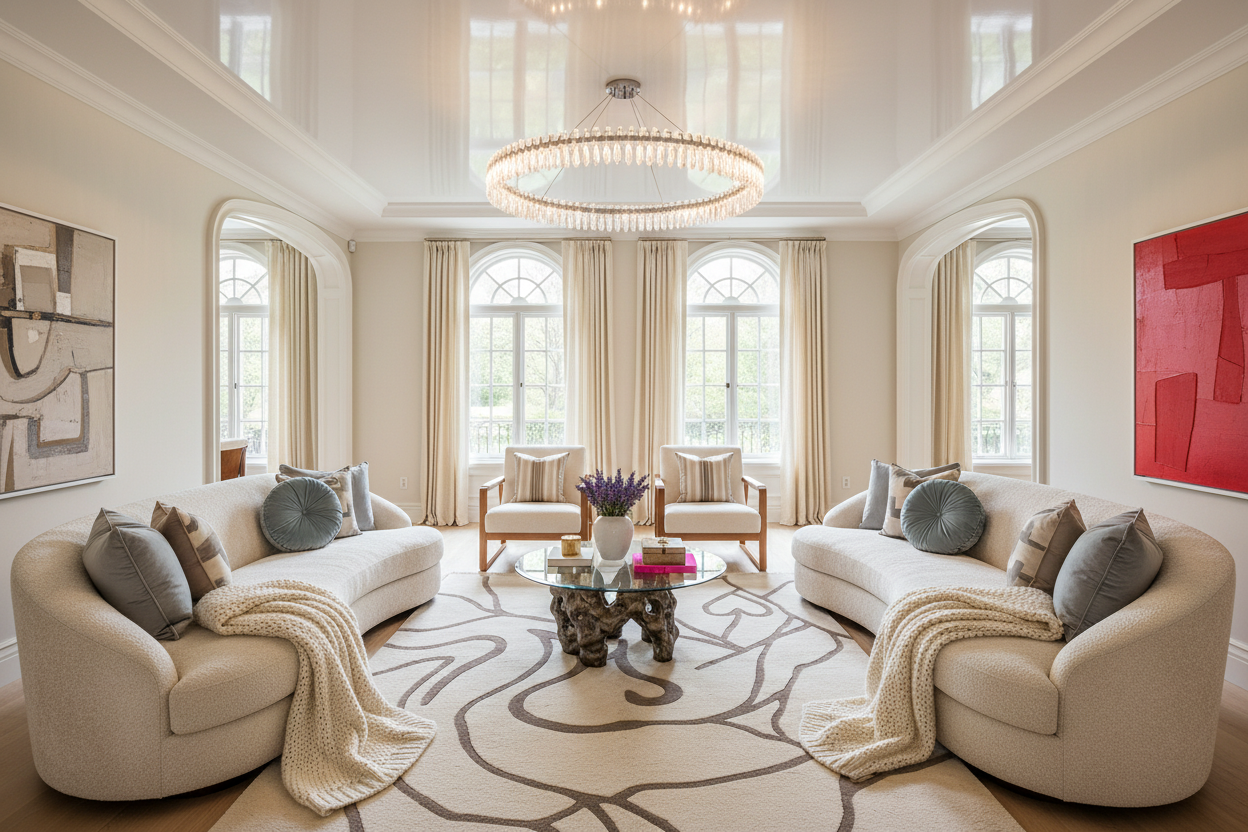 Luxurious living room with beige sofas, decorative rug, pillows, and a chandelier.