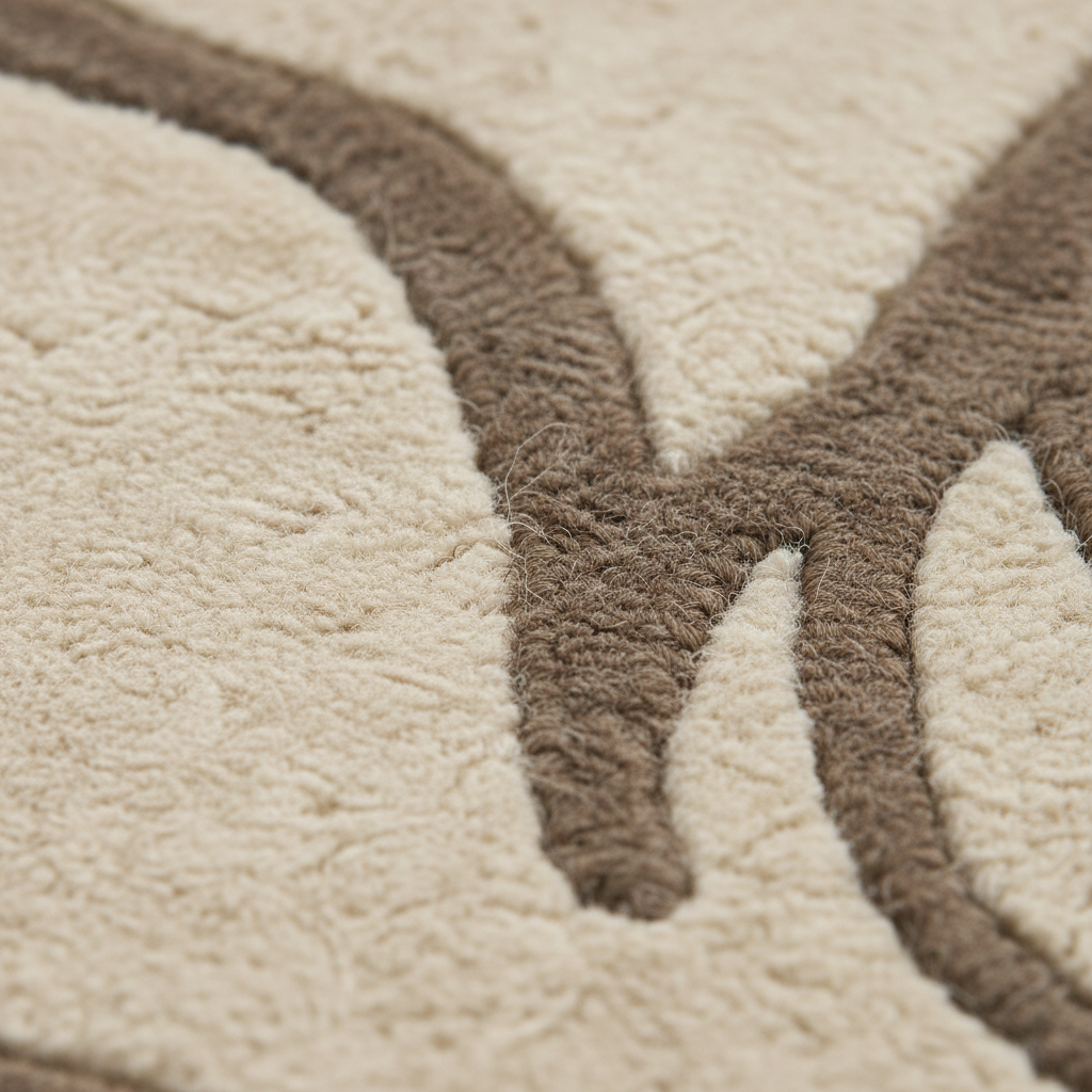 Close-up of a plush textured rug with a raised abstract pattern in taupe brown on a warm cream background.