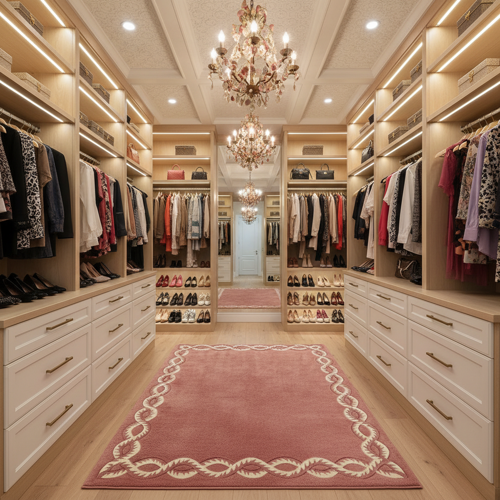 A luxury walk-in closet with beige wood cabinetry, hanging garments, shoe racks, mirrors, and a pink rug with a cream rope border, illuminated by chandeliers and overhead lighting.